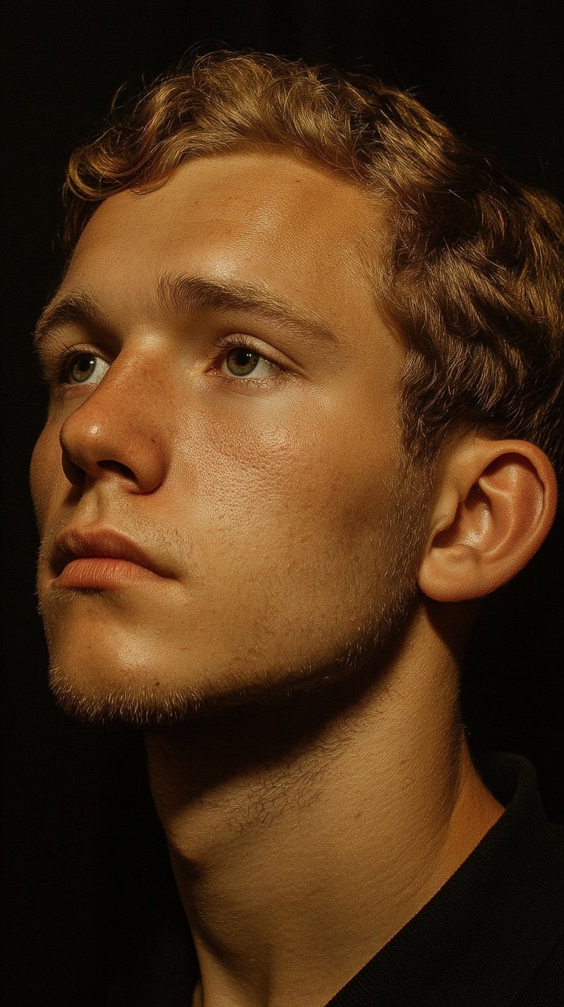 Young man with curly reddish hair and green eyes looks upward in warm, dramatic side lighting.