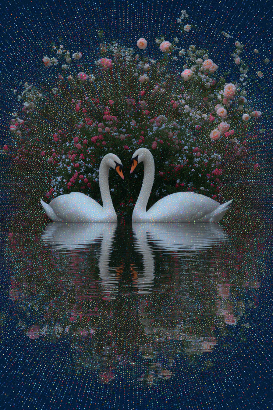 Two white swans face each other symmetrically against a rose bush, covered in a colorful radiating glitter effect.