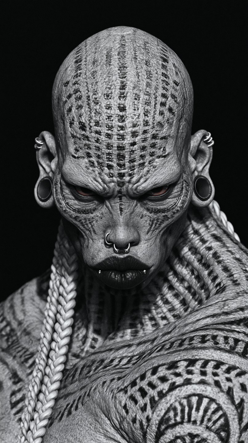 Monochrome close-up of a reptilian humanoid character with extensive facial scarification, piercings, and intense red eyes.