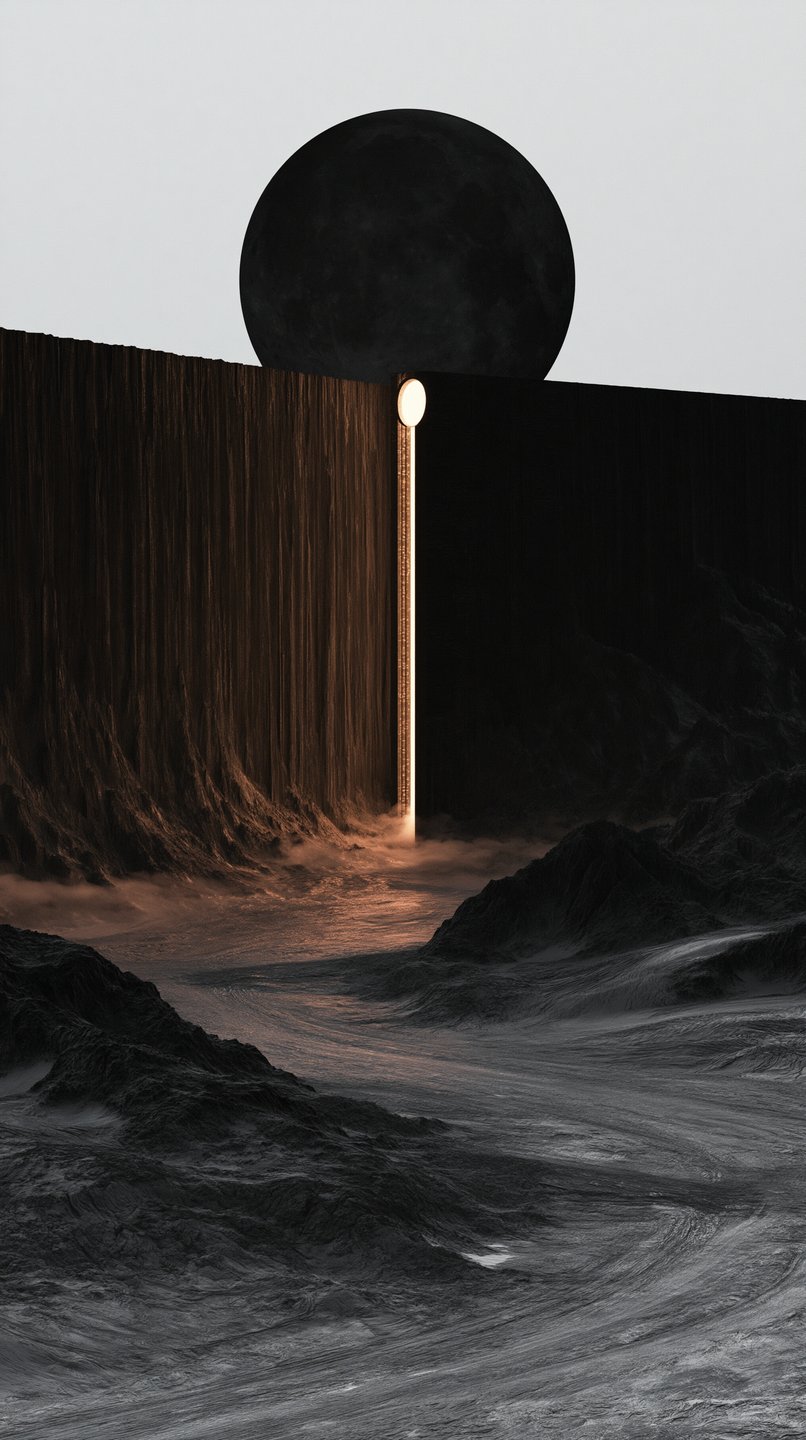 A massive black sphere rests on a dark wall split by a vertical glowing golden light beam.