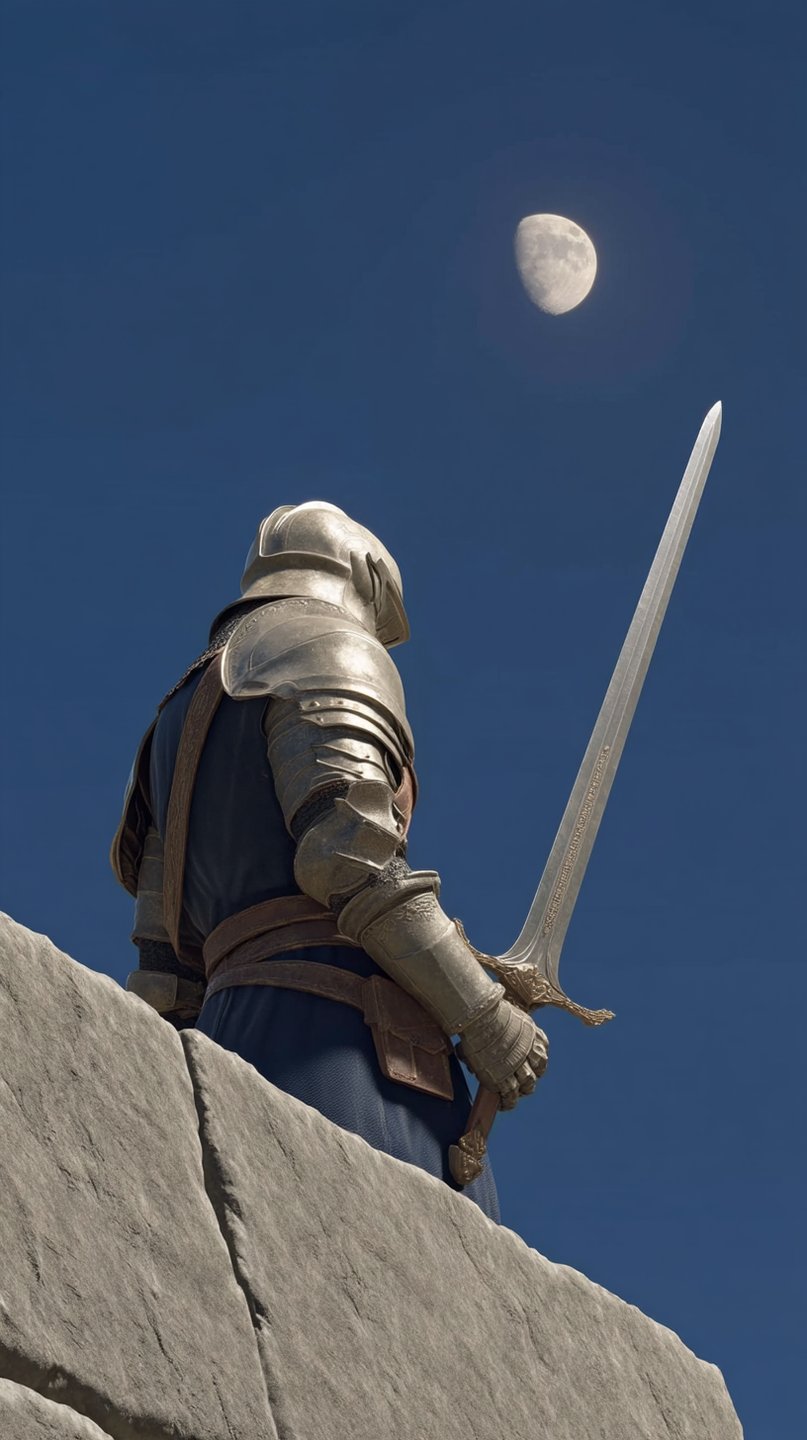 Knight in full plate armor holding a sword while standing on a stone rampart under a moon.