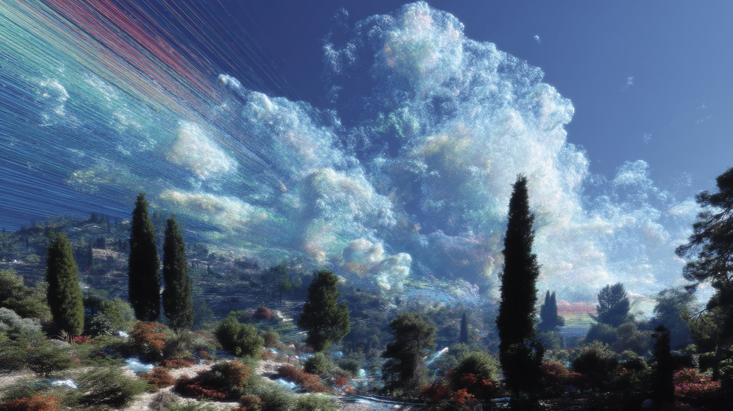 Vibrant iridescent cloud formation with digital glitch streaks over a landscape of cypress trees and rolling hills.