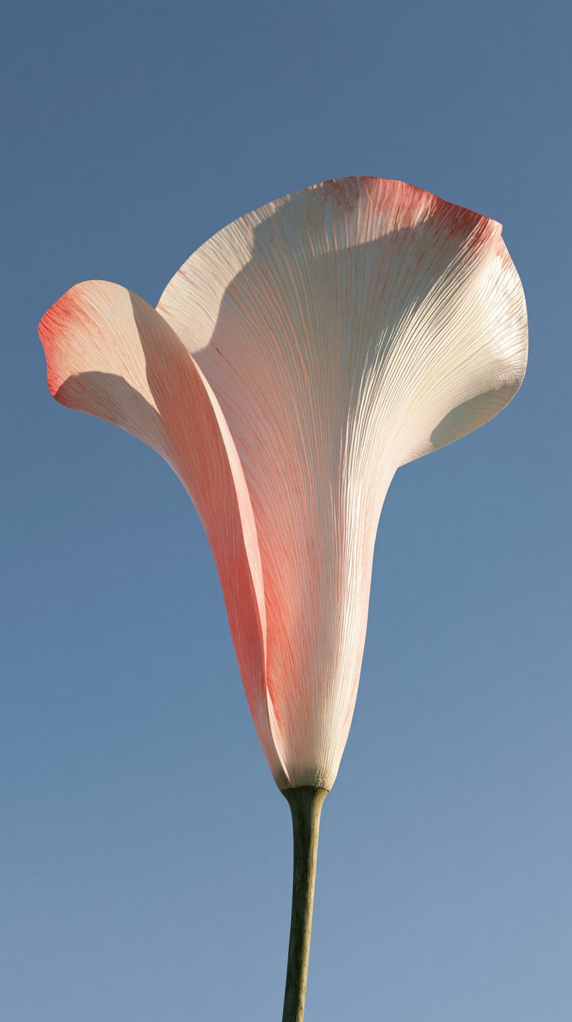 A single stylized pink and white flower sculpture with ribbed petals rises against a clear blue sky.