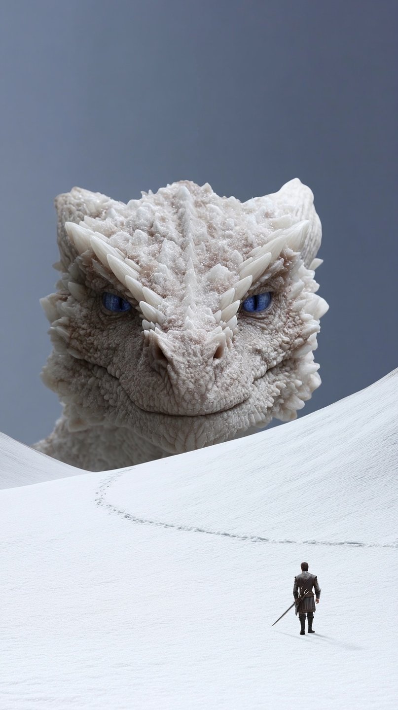 A massive white dragon with blue eyes looms over a small warrior on a snowy mountain ridge.