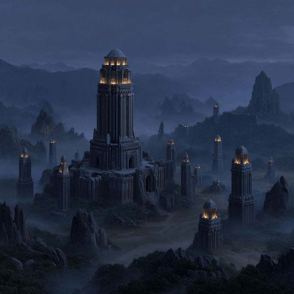 Monolithic stone fortress towers with glowing amber windows rise from a misty mountain valley under a dark sky.