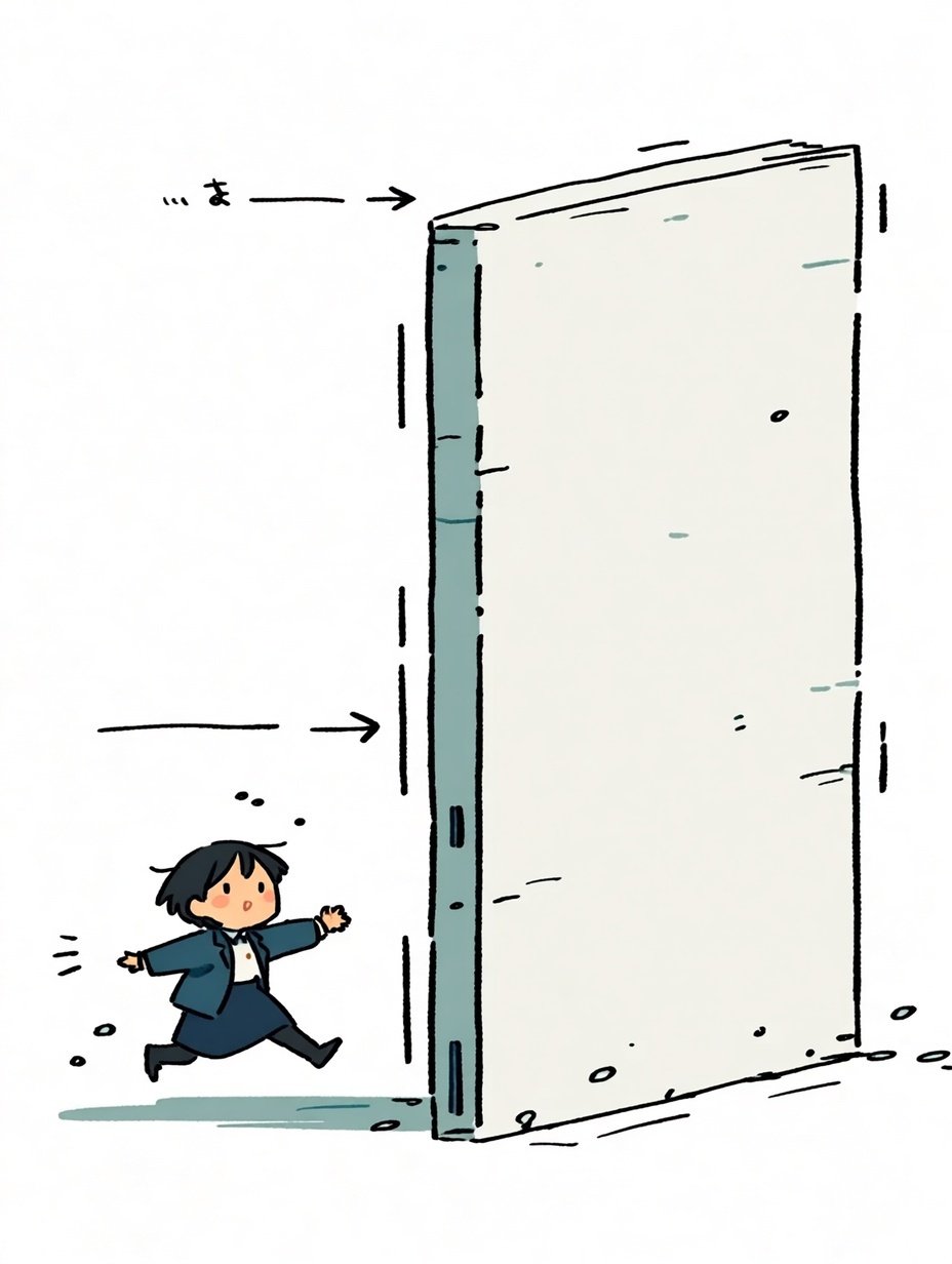 A small girl in a blue school uniform runs toward a massive white monolithic book with motion lines.