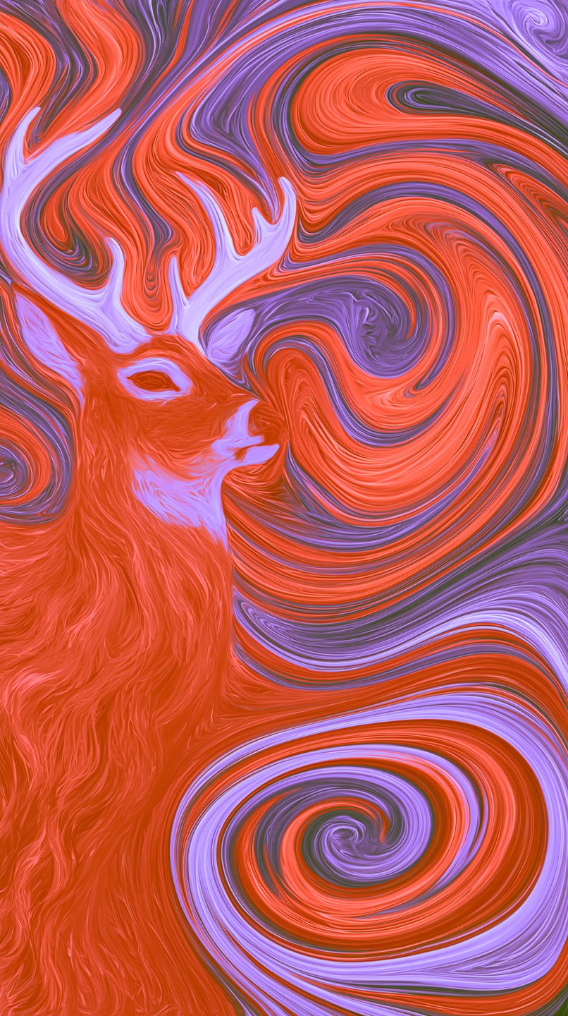 A stylized orange stag with lavender antlers stands amidst swirling patterns of red and purple fluid energy.
