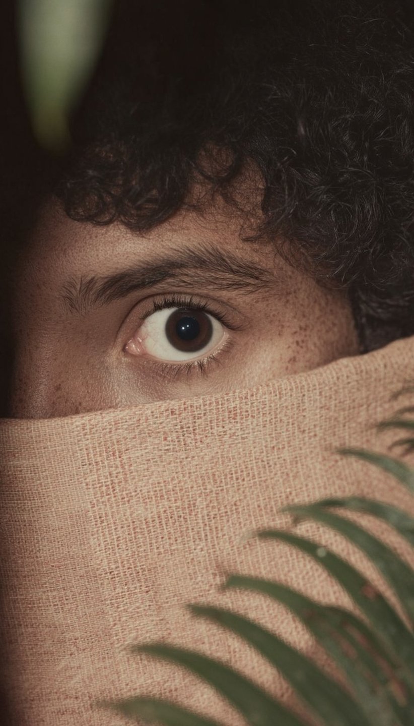 Close-up of a freckled eye peering over a beige linen cloth with a blurred green fern.