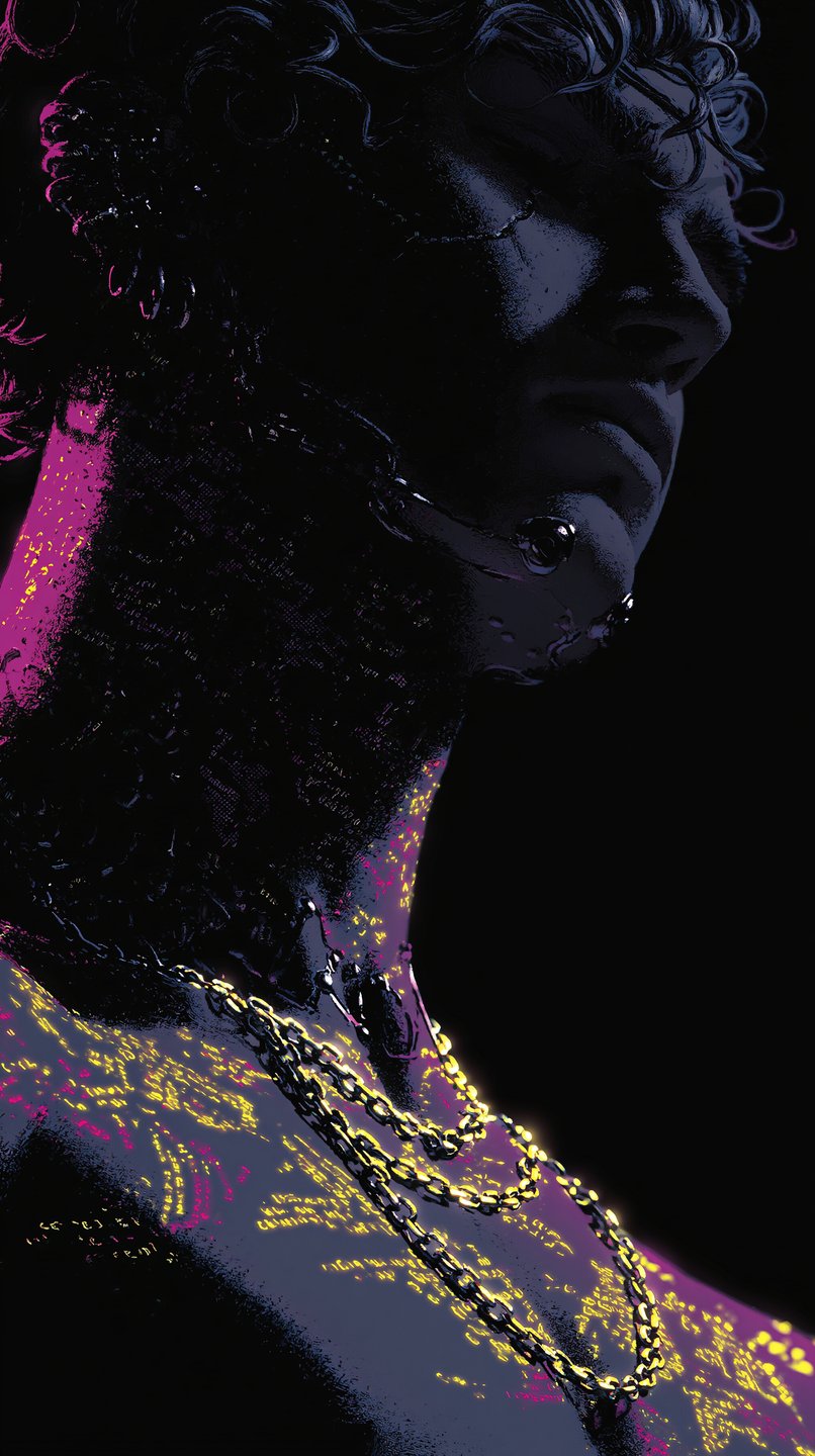 Close-up portrait of a man with glowing neon skin patterns and chains under dramatic purple light.