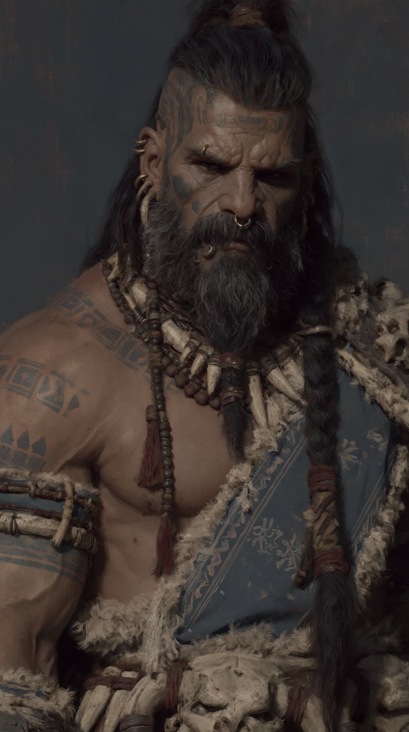Muscular tribal warrior with facial tattoos, grey beard, and bone necklaces wearing fur and blue fabric.