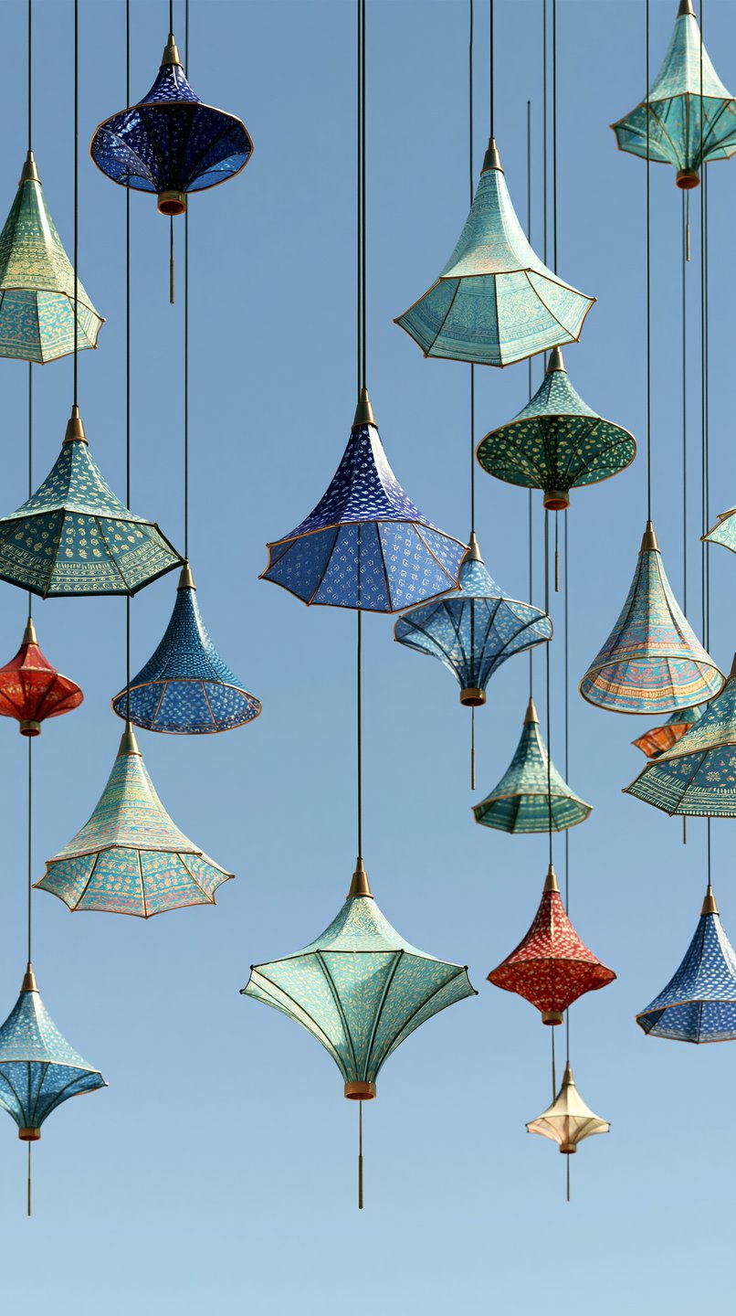 Patterned conical fabric lanterns hang suspended from thin cords against a solid, clear blue sky.