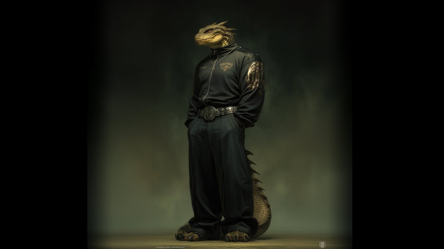 Anthropomorphic crocodile wearing a black track jacket and ornate belt stands stoically against a dark, hazy background.