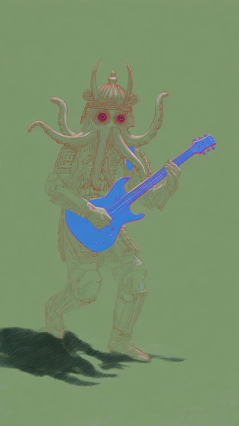 Armored octopus samurai with glowing red eyes playing a bright blue electric guitar on a green background.