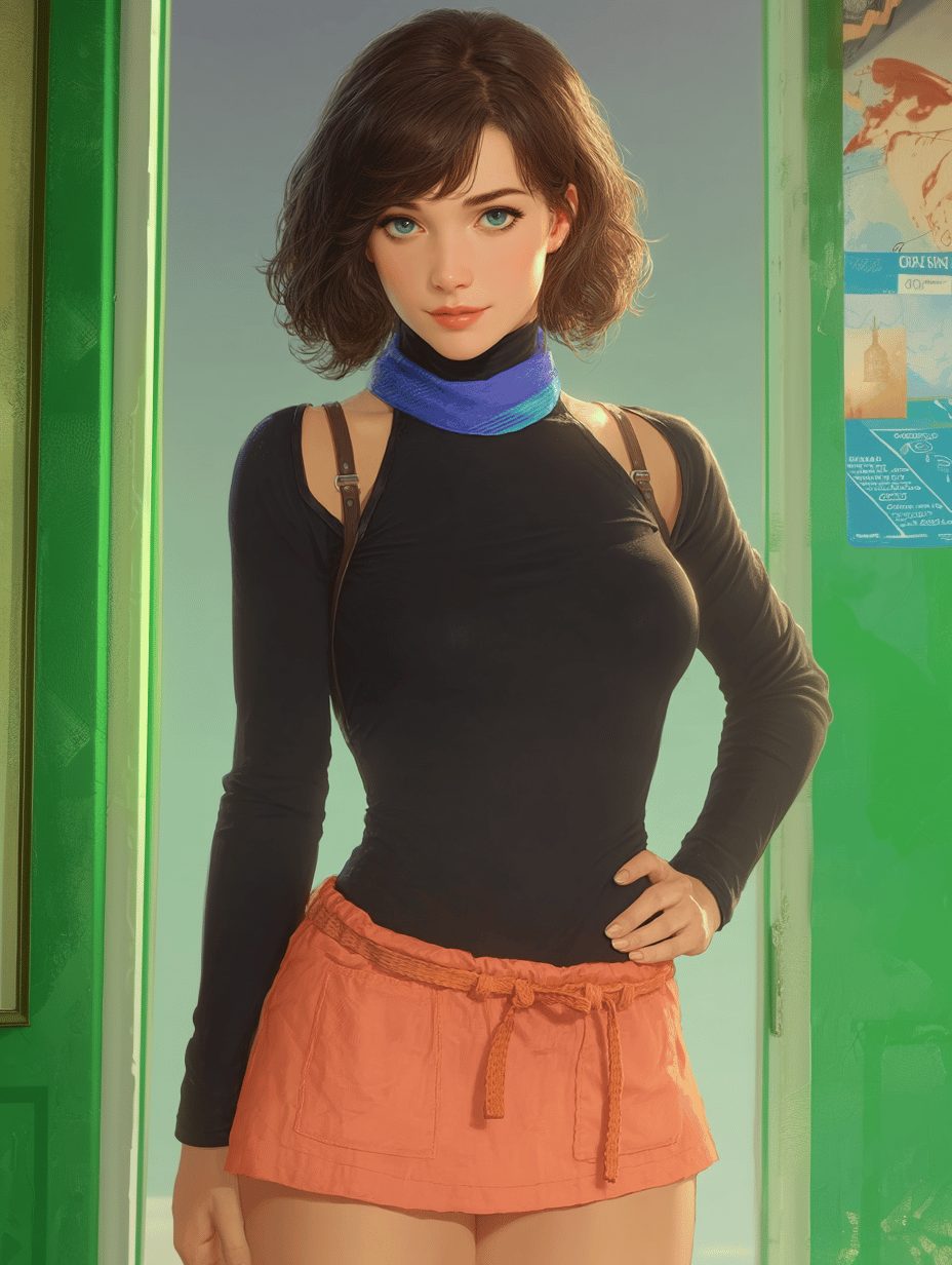 Stylized young woman with short brown hair posing in a green doorway wearing a black turtleneck and orange skirt.