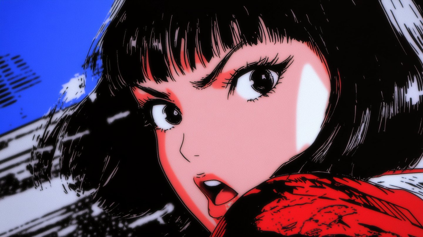 Close-up anime illustration of a woman with a black bob shouting against a blue and white background.