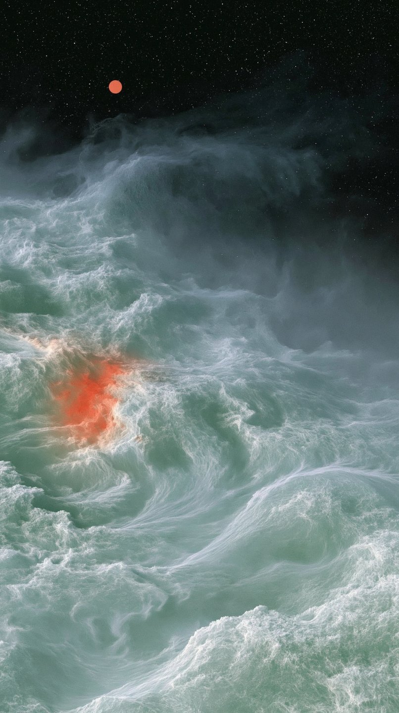 Surreal green waves churn under a starry black sky with a single glowing red orb.