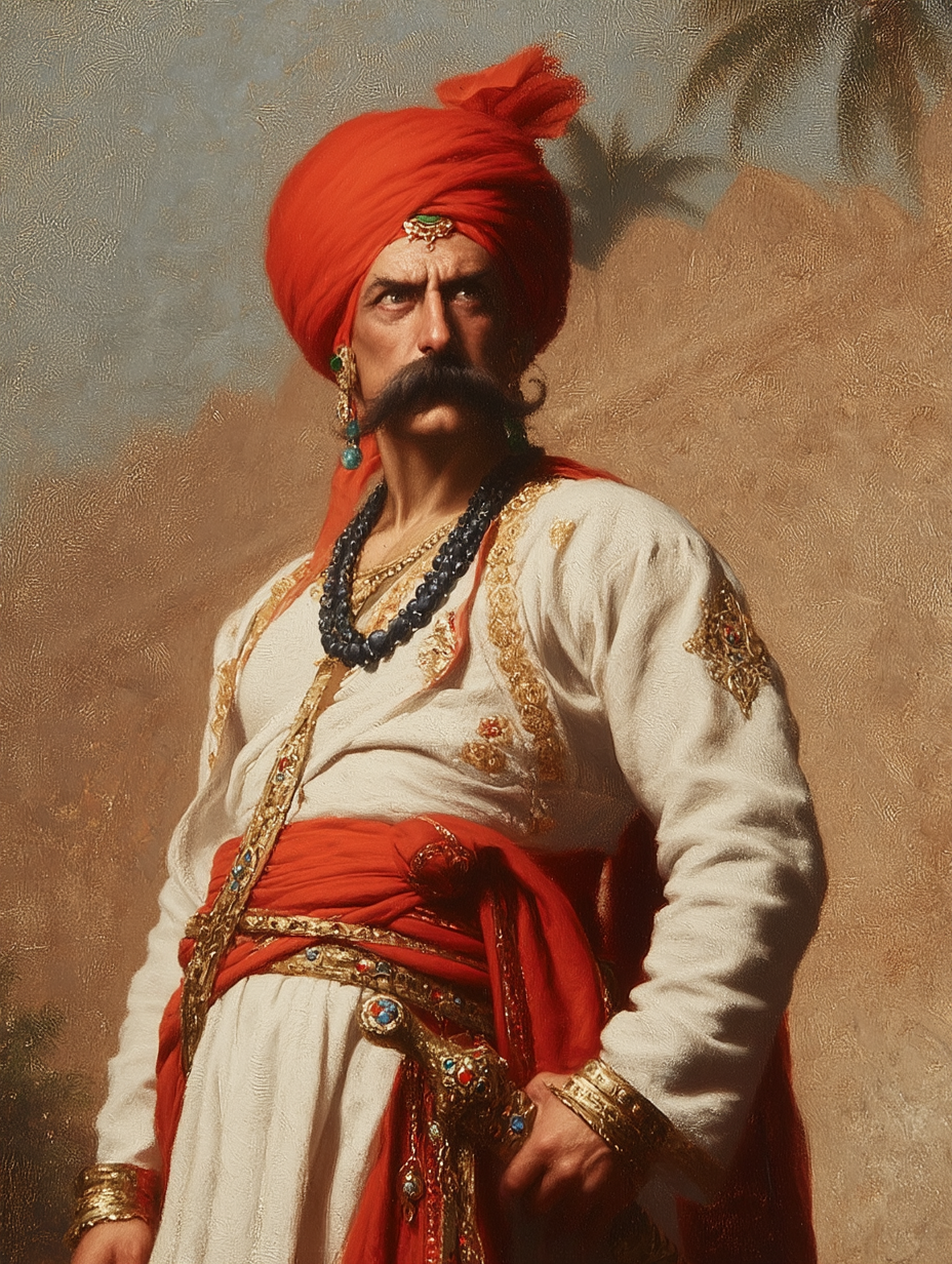 Stern man in a red turban and white embroidered tunic holding a jeweled dagger in a desert.