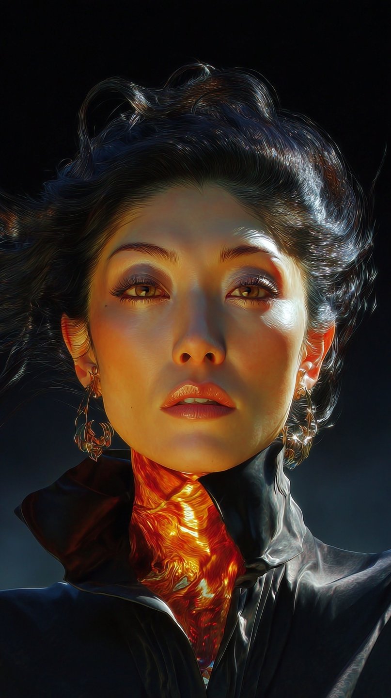 Woman with dark hair and gold earrings features a glowing molten lava neck against a dark background.