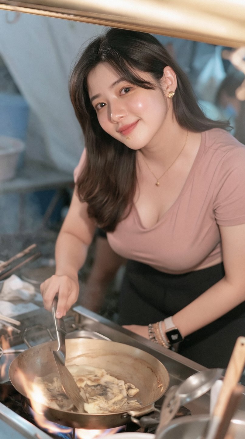 A smiling young woman in a pink t-shirt cooks food in a pan over a gas flame.