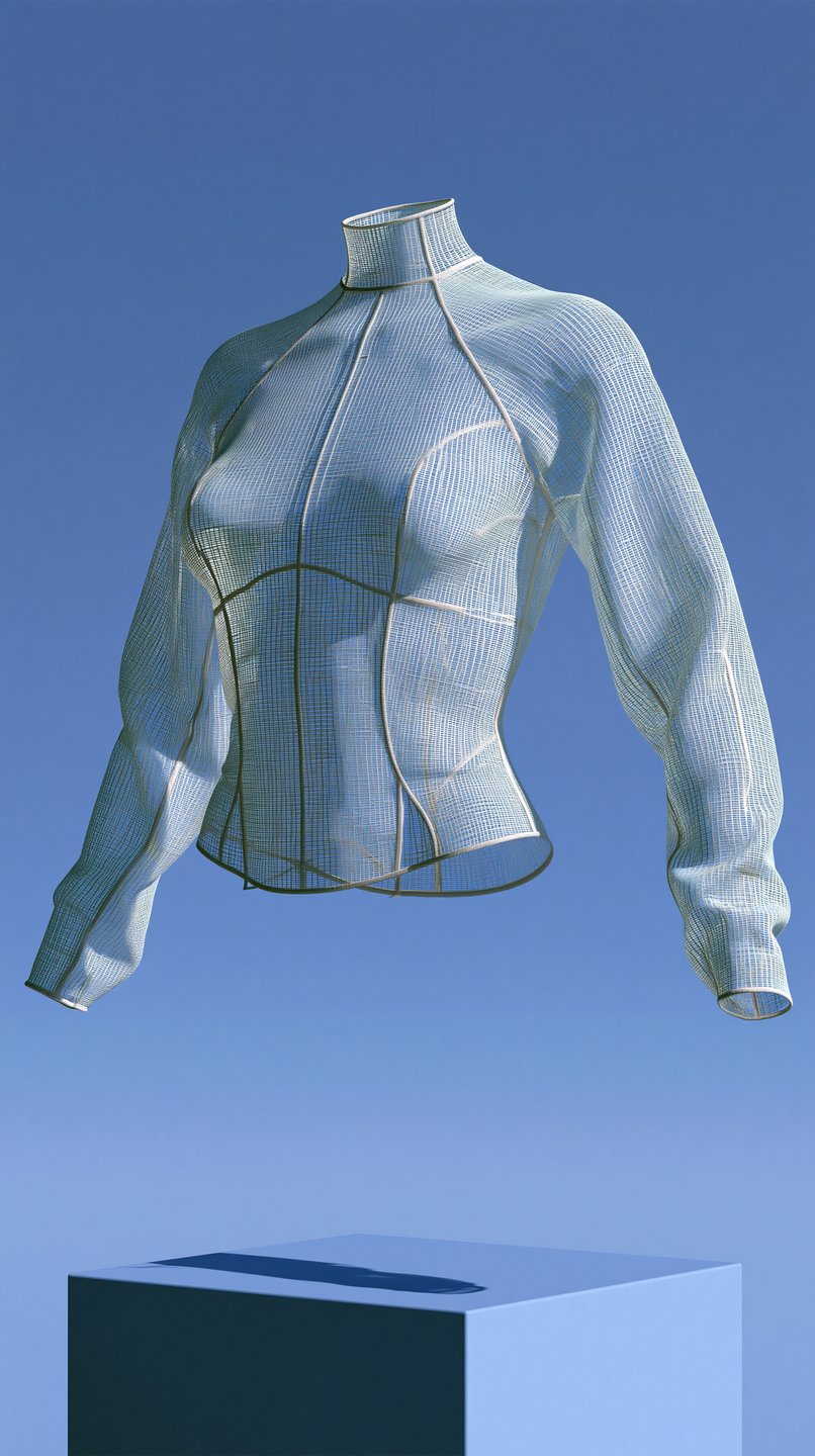 Sheer wireframe mesh long-sleeve top floating above a blue pedestal against a clear blue sky.