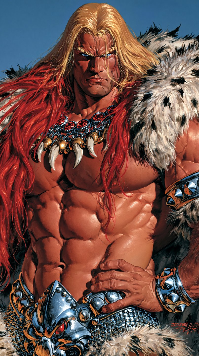 Muscular blonde barbarian warrior with a fierce expression, wearing a fur mantle and claw necklace.