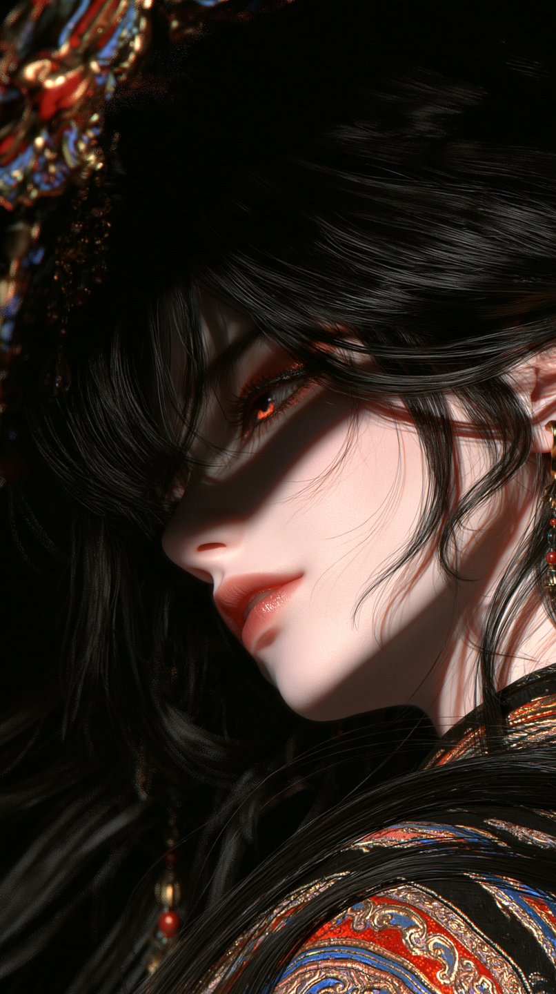 Close-up portrait of a dark-haired fantasy female character with glowing amber eyes partially veiled in shadow.