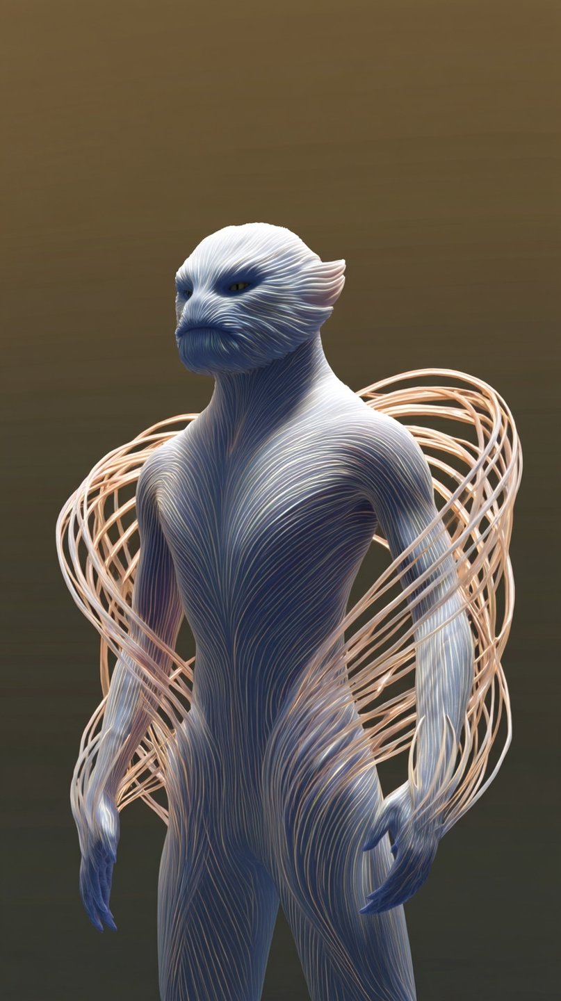 Blue striated humanoid alien with peach-colored fibrous loops extending from its back against a brown gradient.