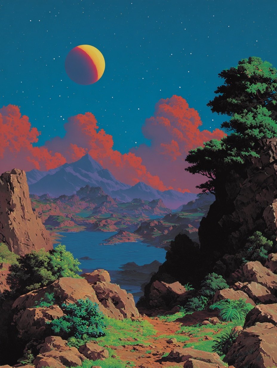 Vibrant retro anime landscape with a large bicolor moon, pink clouds, and a winding blue river valley.