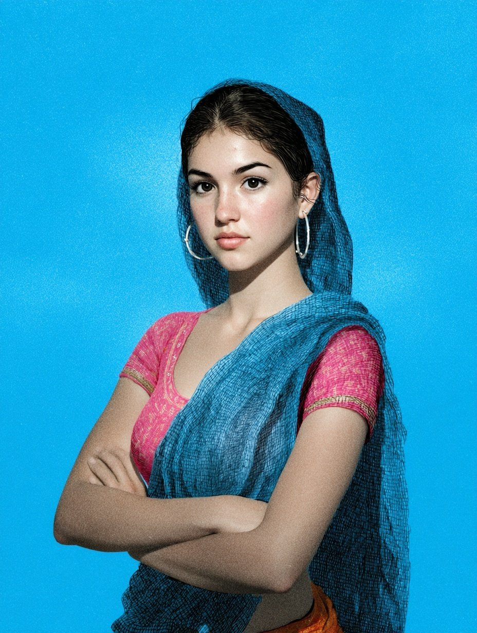 Young woman in a pink top and blue sari with crossed arms against a grainy blue background.