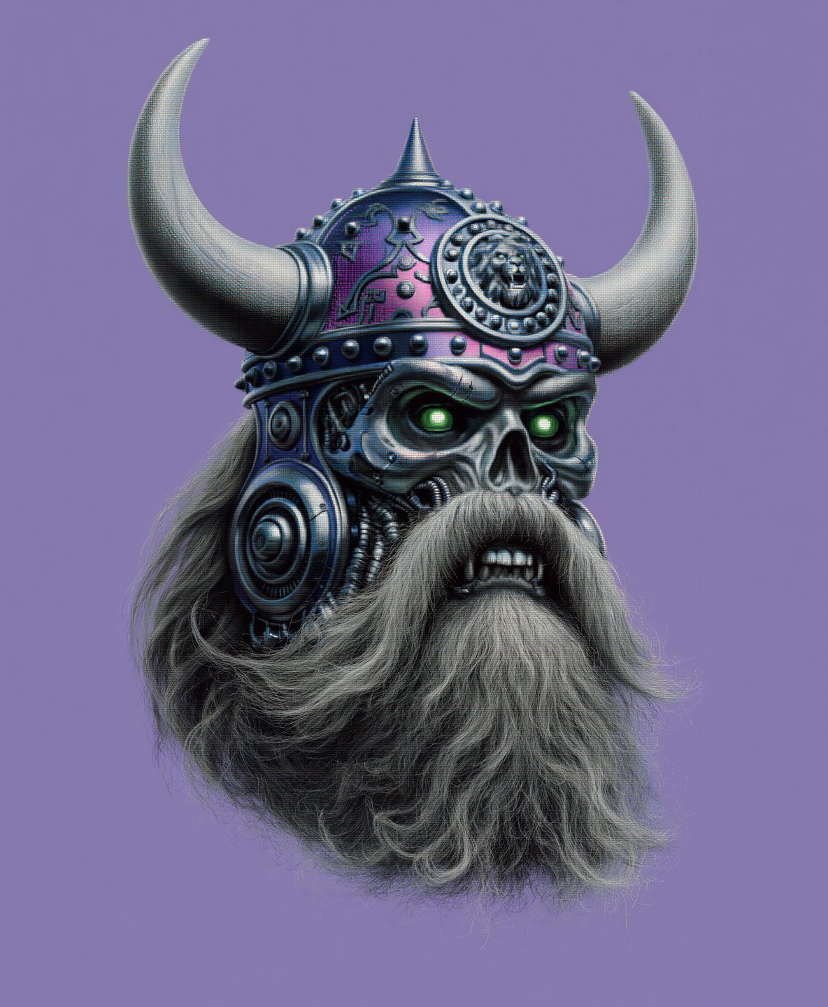 Cybernetic viking skull with glowing green eyes and a horned helmet against a solid purple background.
