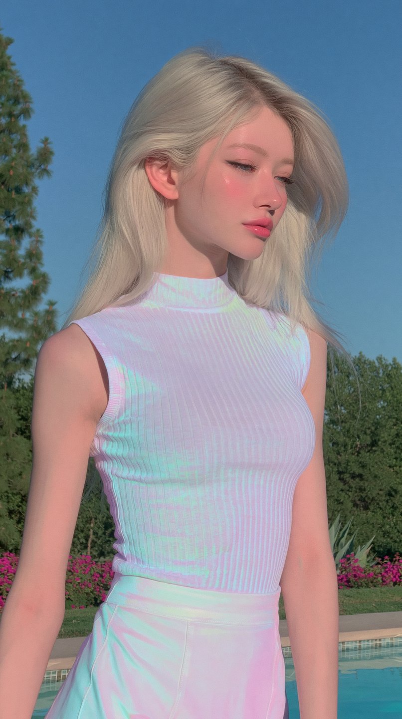 Platinum blonde woman in an iridescent high-neck top stands outdoors against a clear blue sky.