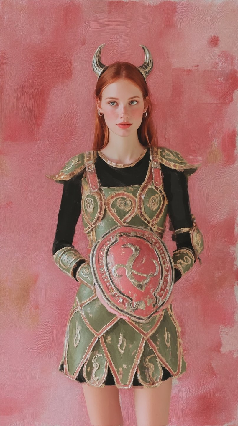 Red-haired woman wearing a horned headband and green ornate armor against a textured pink painterly background.