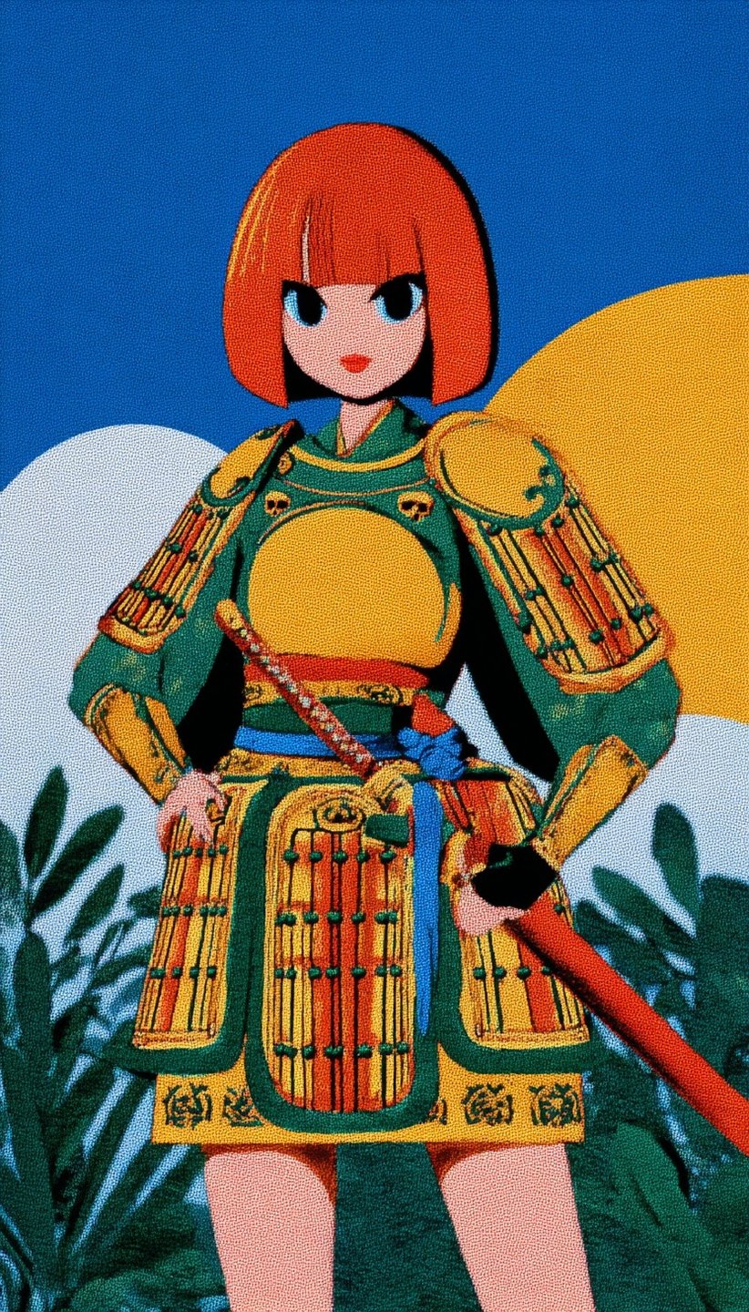 Stylized anime girl with red bob hair wearing green and yellow samurai armor against a blue sky.