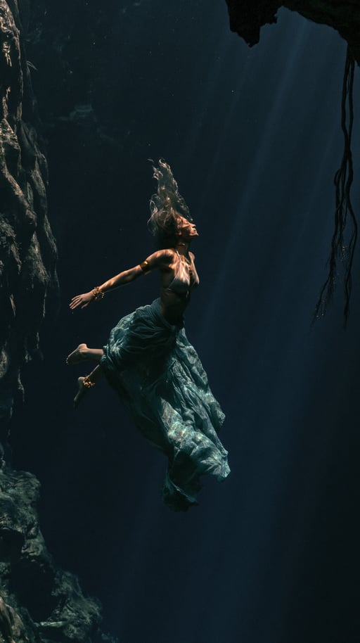 A woman in a flowing blue skirt floats weightlessly in a dark cenote illuminated by dramatic sunbeams.