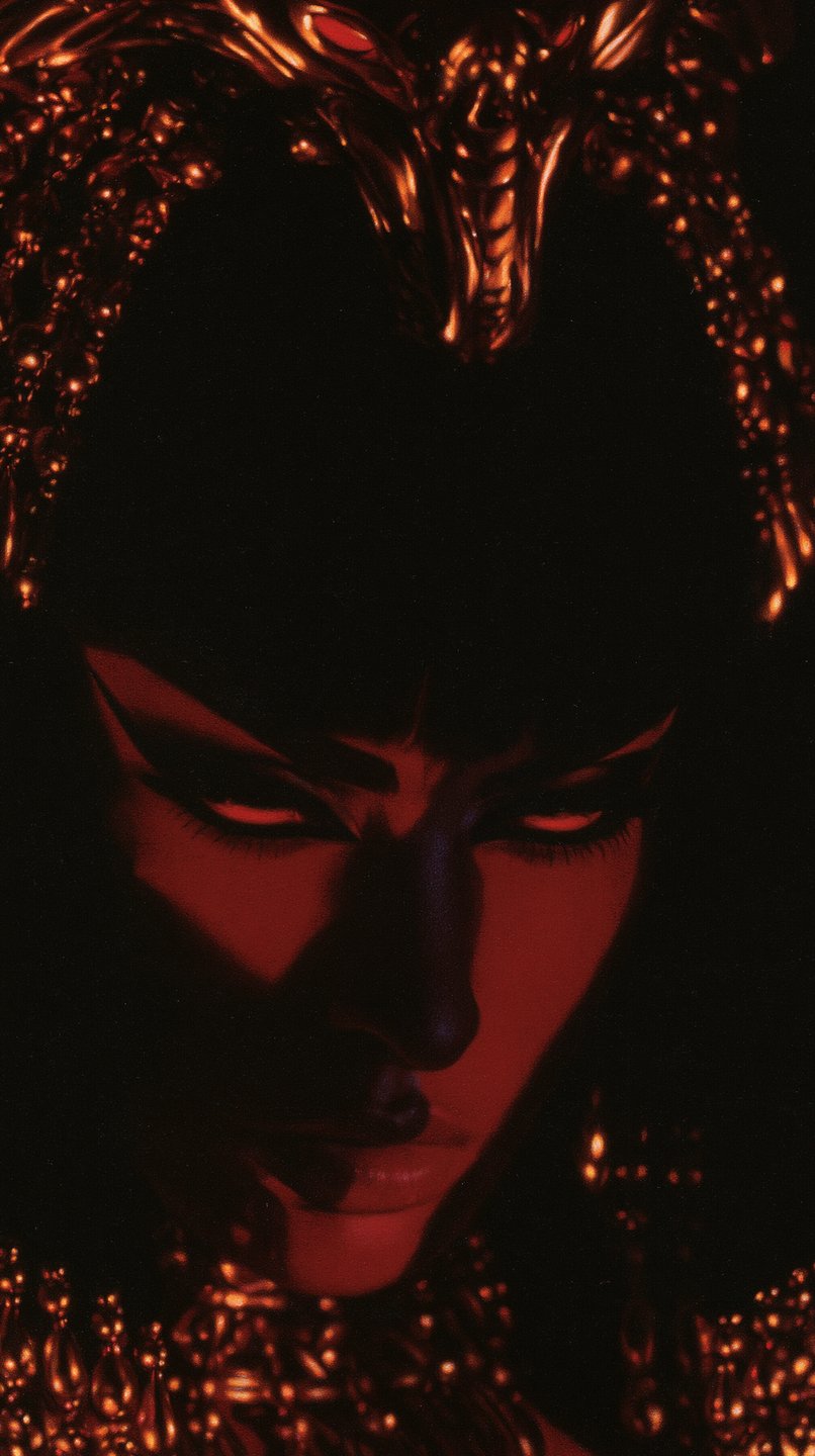 Stylized dark fantasy illustration of a female character with glowing red eyes wearing an ornate golden crown.