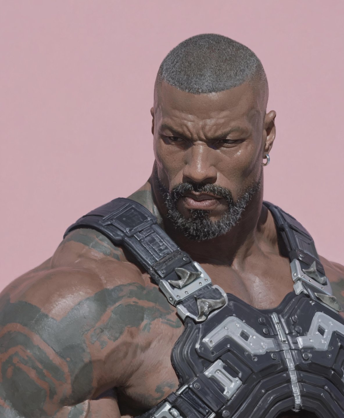 Muscular older male with graying beard and tattoos wearing futuristic tactical armor against a pink background.