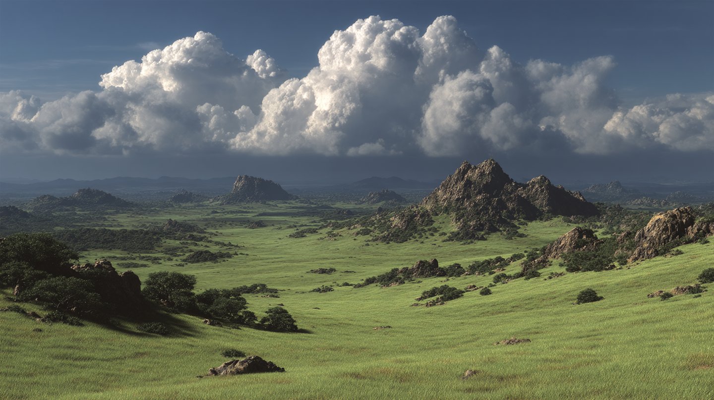 Panoramic green grassland valley with rocky outcrops under towering white clouds and a clear blue sky.