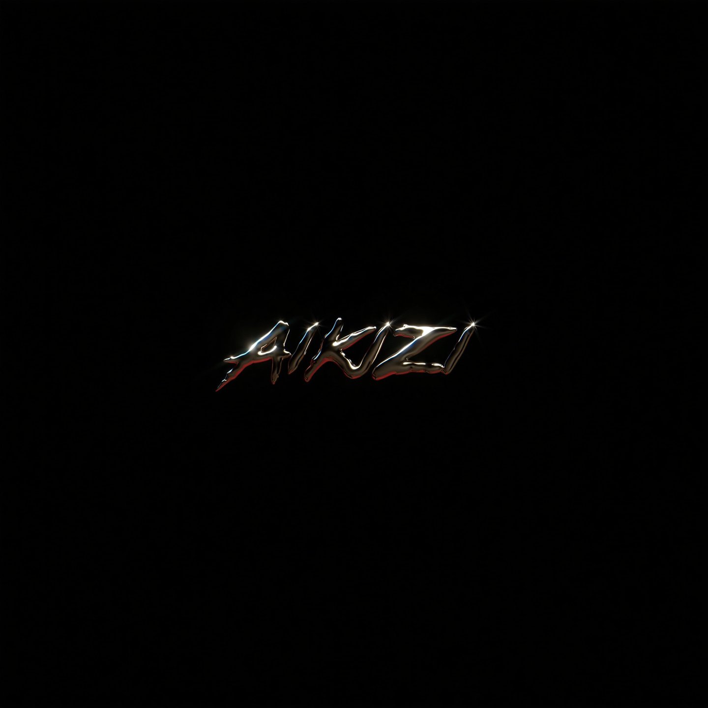 Metallic chrome text reading AIKIZI centered on a solid black background with bright specular glints.