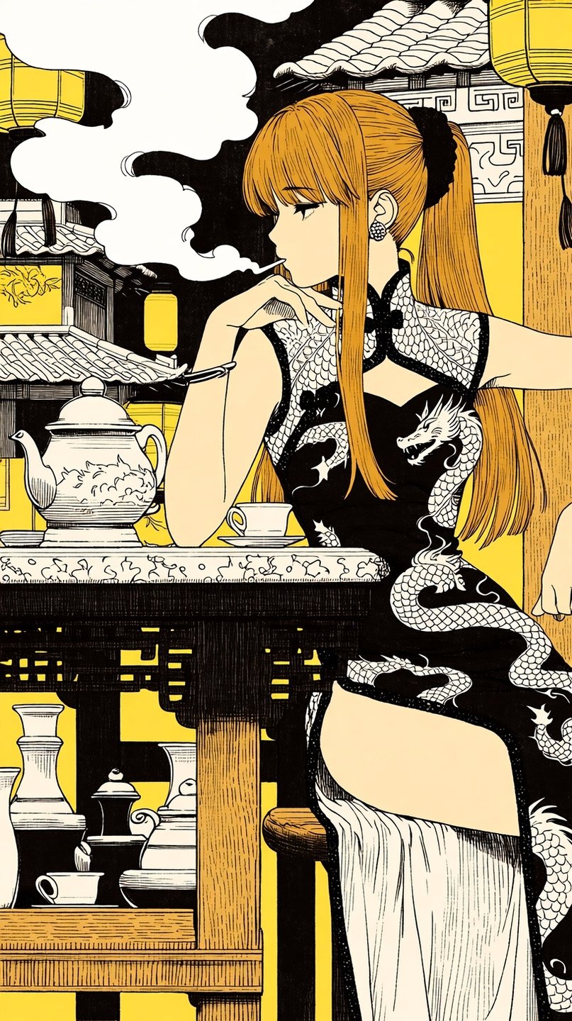 Woman with orange hair in a black dragon-print qipao smoking at a table in a tea house.