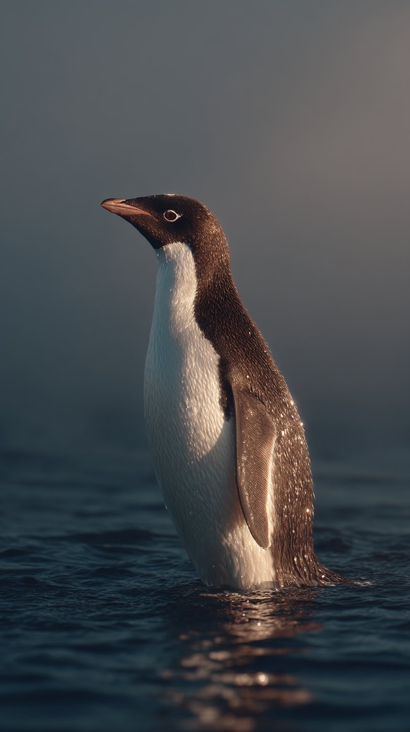 Adélie penguin with a white eye-ring stands in dark water during golden hour with glistening backlit feathers.