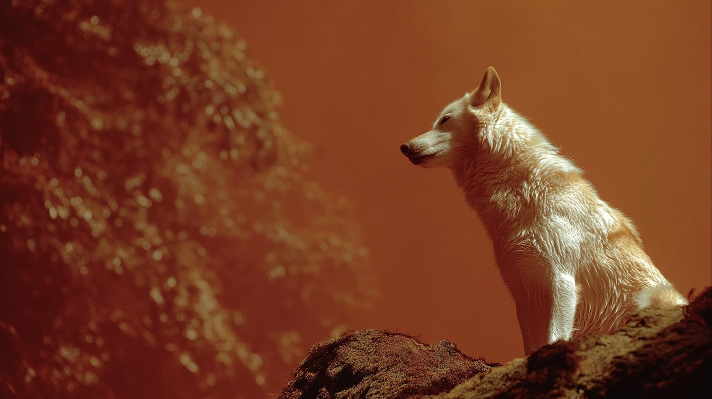 White wolf sitting in profile on a mossy rock against a blurred, warm amber forest background.