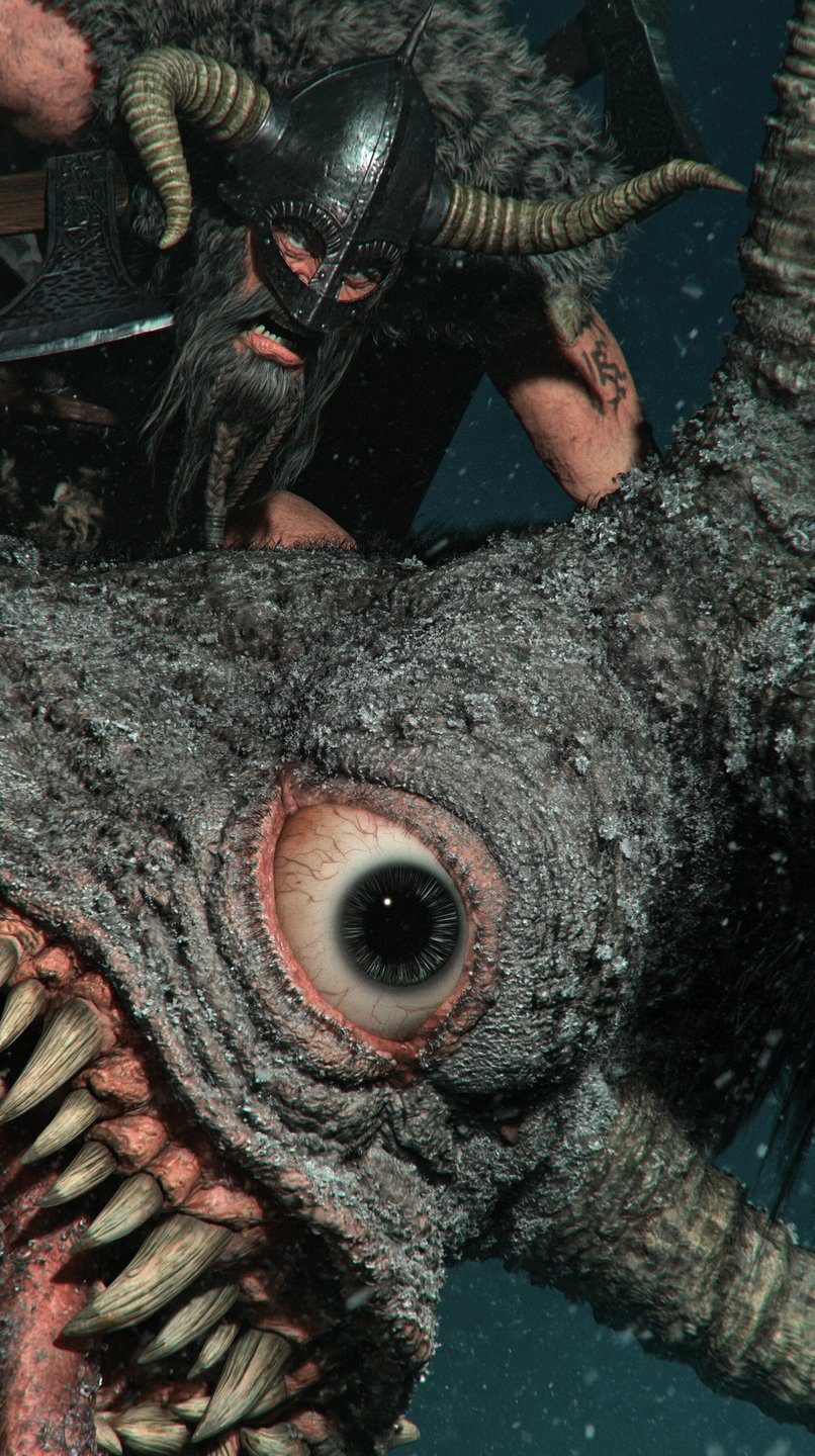 A bearded Viking warrior in a horned helmet confronts a massive, frost-covered monster with a giant eye.