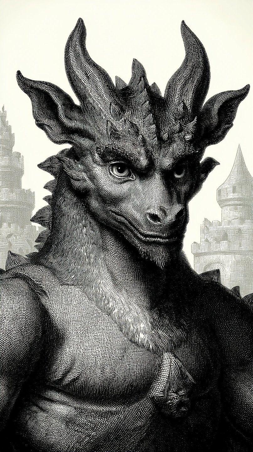 Detailed woodcut engraving of a muscular horned dragon humanoid with a stoic expression before faint castle towers.