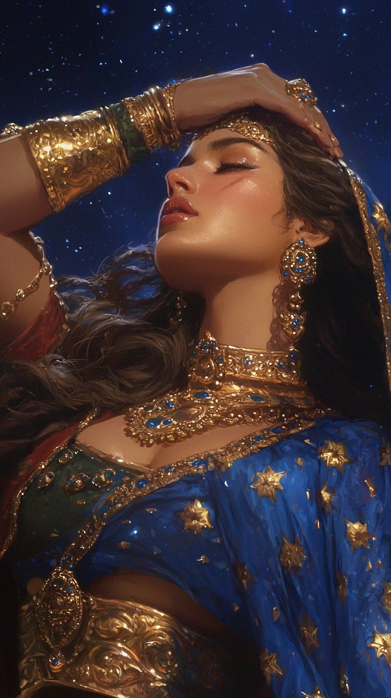 Ornate woman in gold jewelry and blue starry fabric gazes upward against a dark, star-filled sky.