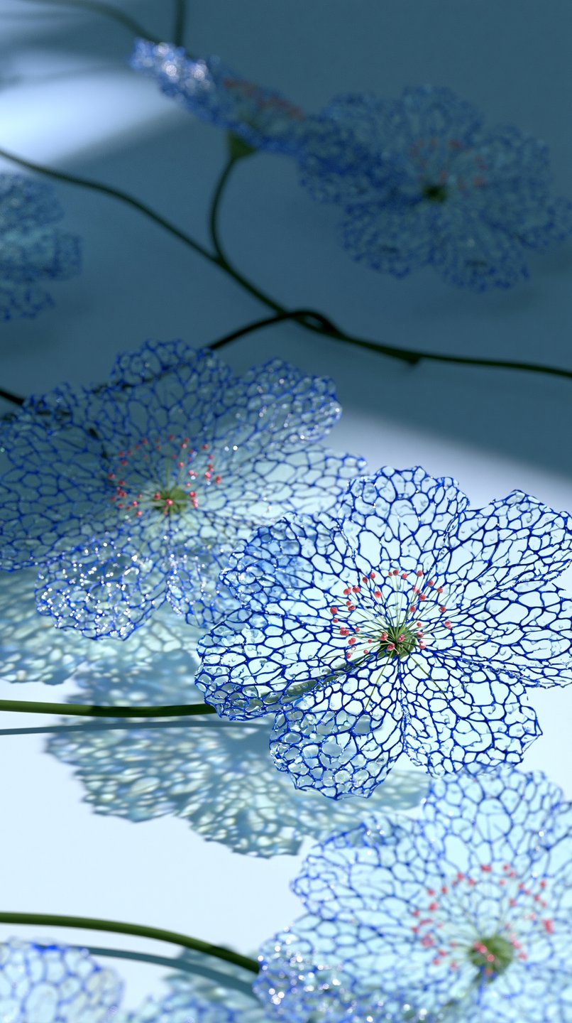 Translucent blue skeletal flowers with red stamens casting intricate lace-like shadows on a light blue surface.