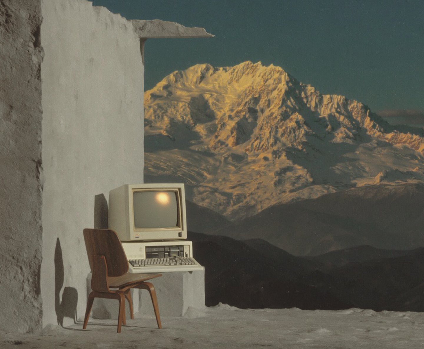 Vintage desktop computer and wooden chair sit on a snowy ledge facing a sunlit mountain peak.