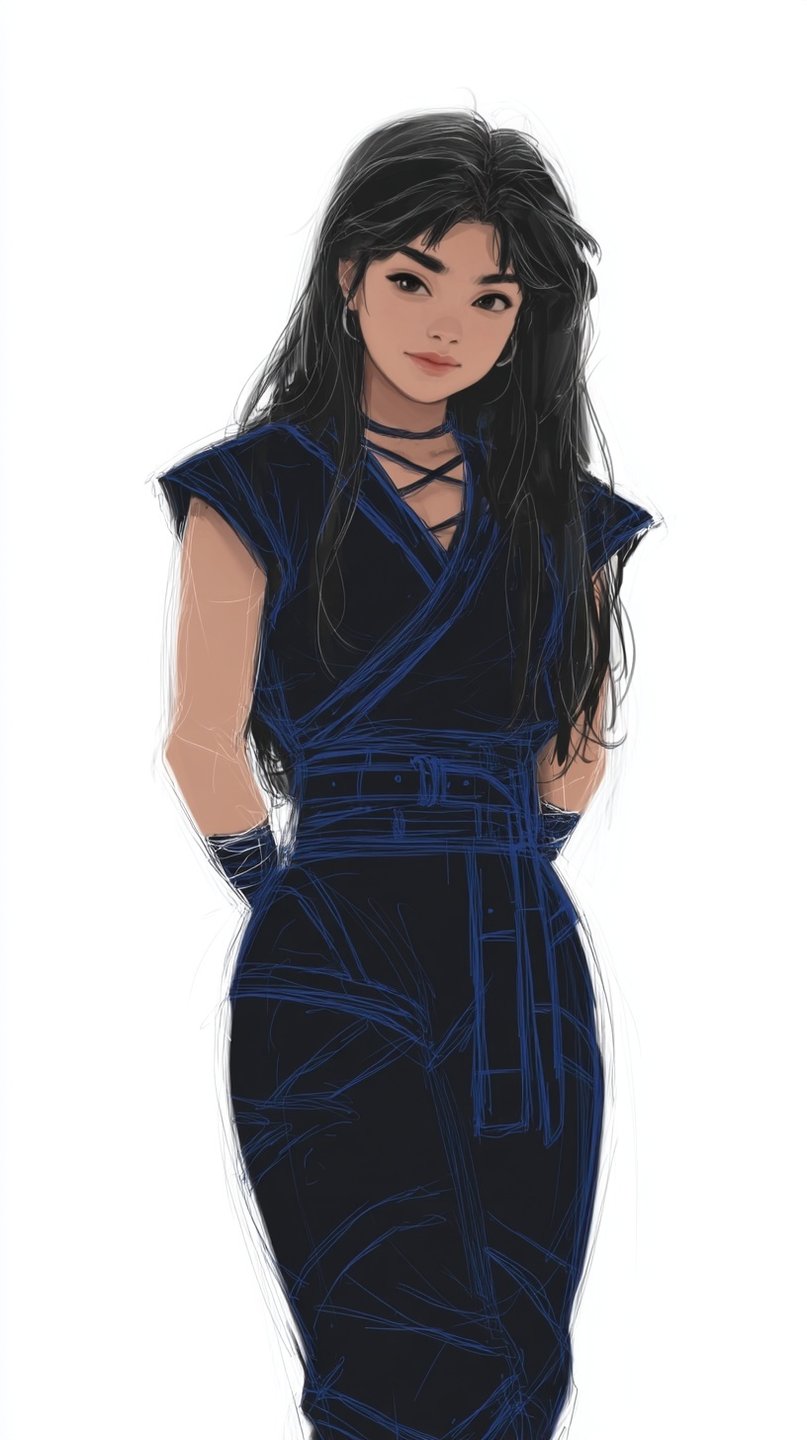Young woman with long black hair wearing a dark blue martial arts uniform against a white background.