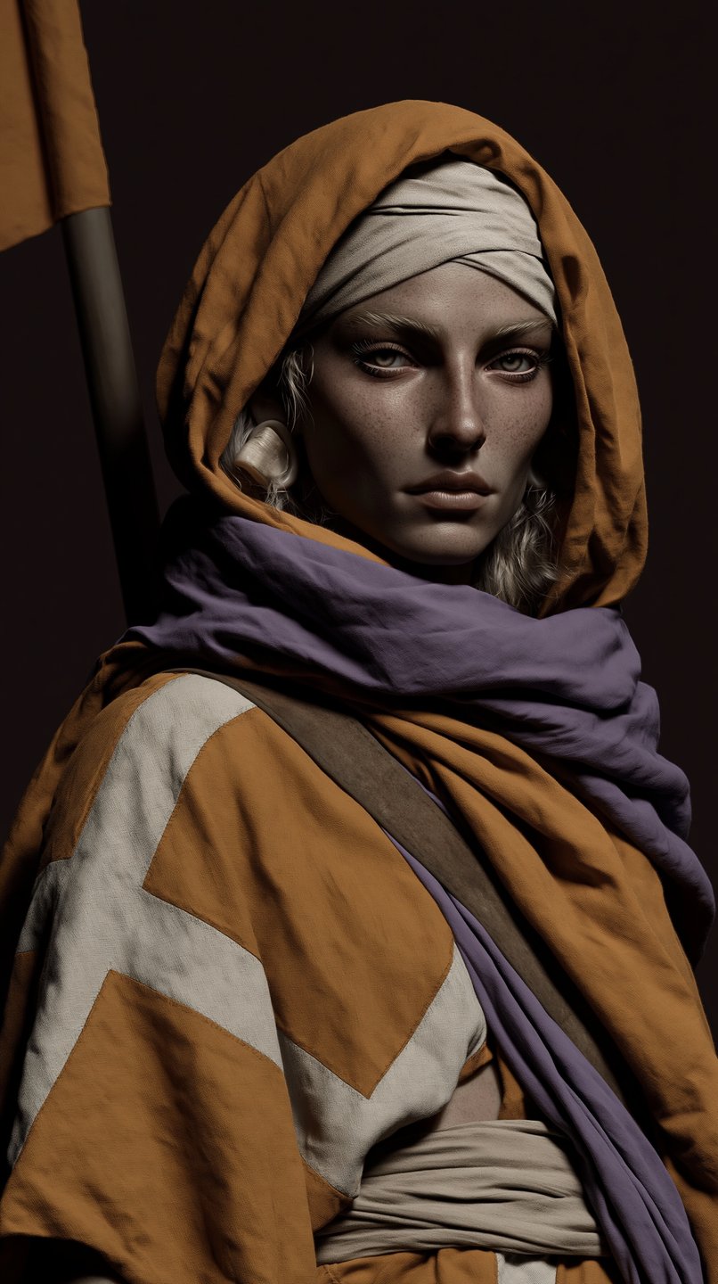 A close-up portrait of a hooded female warrior wearing ochre and purple draped garments holding a staff.