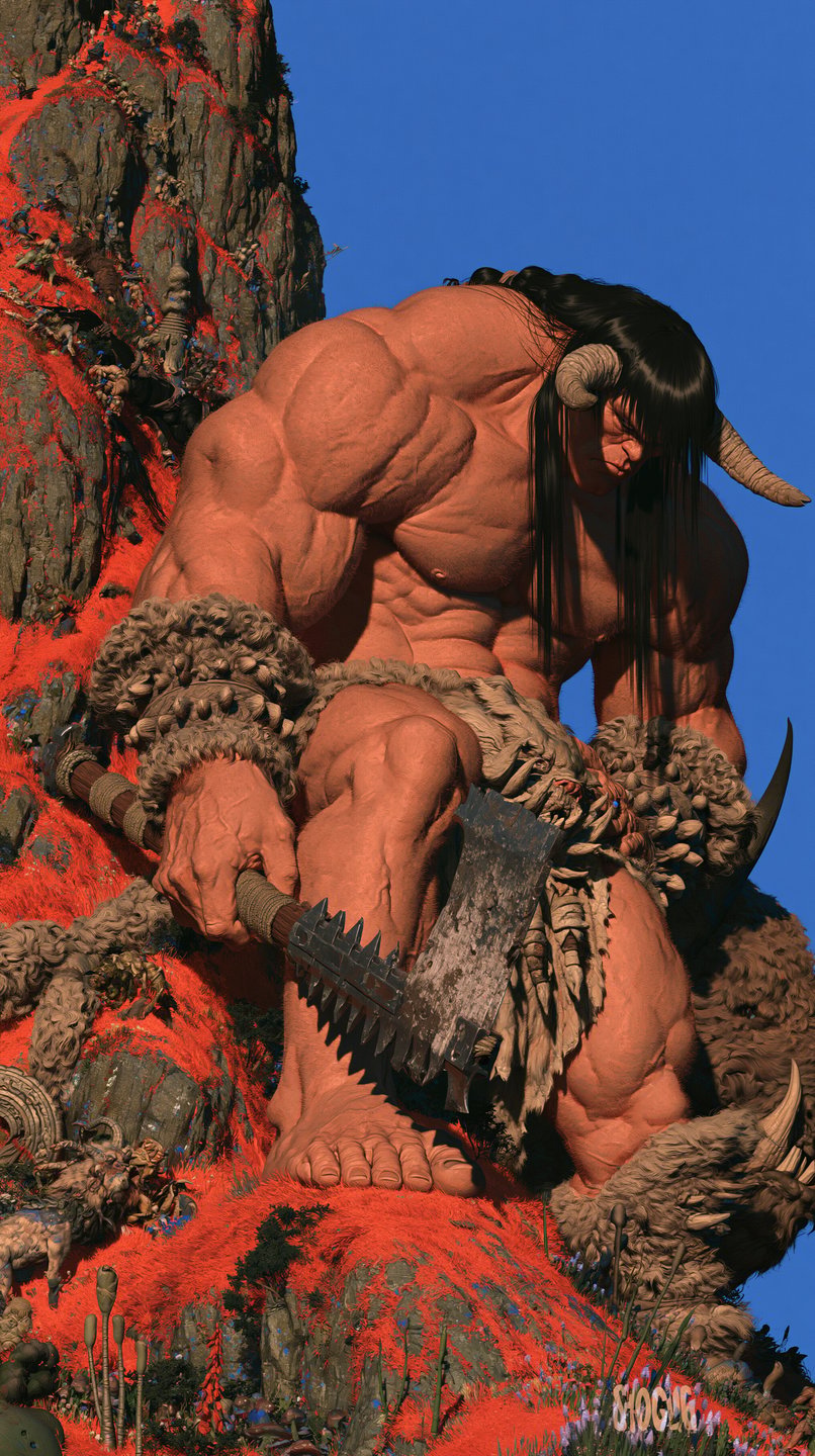 A muscular horned giant sits on a bright red hillside holding a primitive stone axe under a blue sky.