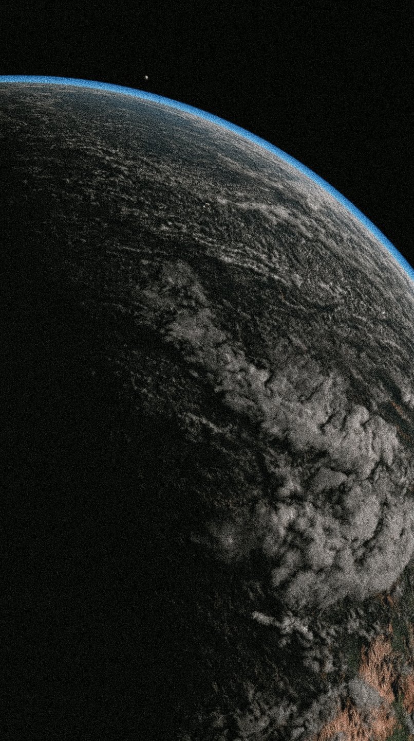 Dark textured exoplanet with swirling white clouds and a glowing blue atmospheric limb against black space.
